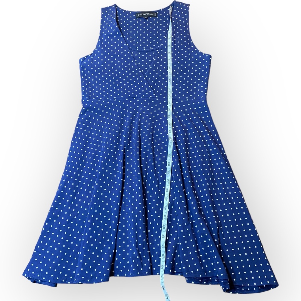 Simons Contemporaire Blue White Polka Dot Sleeveless Stretch Mini Dress Medium - Picture 6 of 10